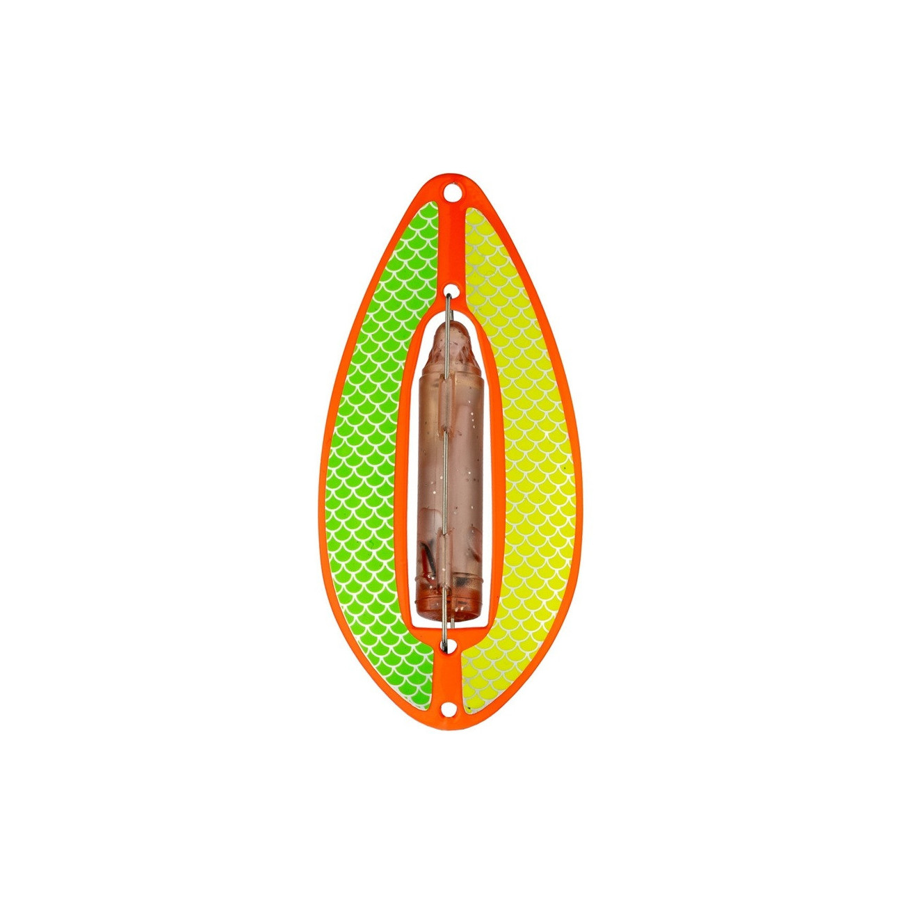 Köp Wiggler Muskus Blinkpirk 98mm - ORANGE Grön/Gul på Miekofishing.se